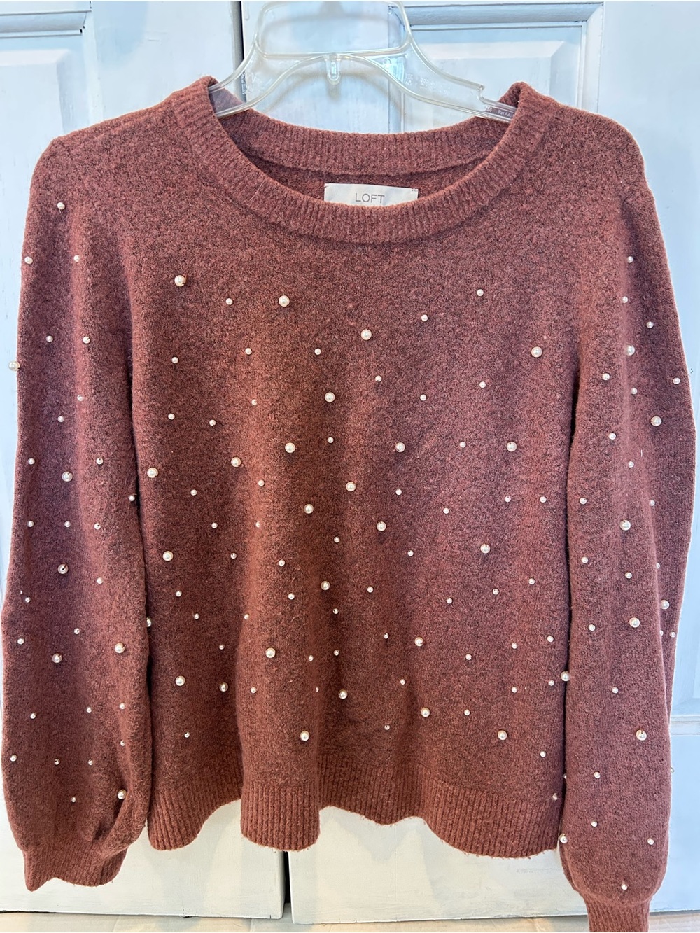 LOFT Rose-Mauve Pearl Embellished Crew Neck Sweater